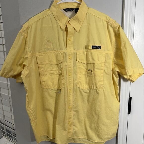 Eddie Bauer Shirt Mens Large‎ Yellow Button Up Fishing Pabst Blue Ribbon Camp - Picture 1 of 6